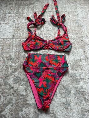 Beach Riot Pink and Green Tropical High-Waist Bikini